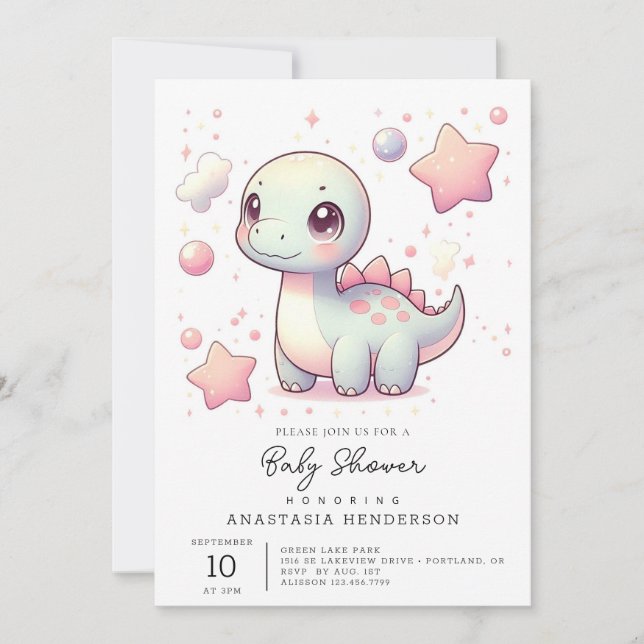 Happy Niedlich Dinosaur Babydusche Einladung (Vorderseite)
