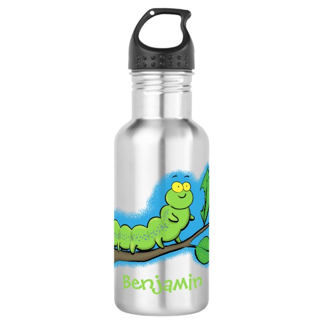 Happy niedlich Green Raupe Cartoon Illustration Edelstahlflasche (Vorderseite)