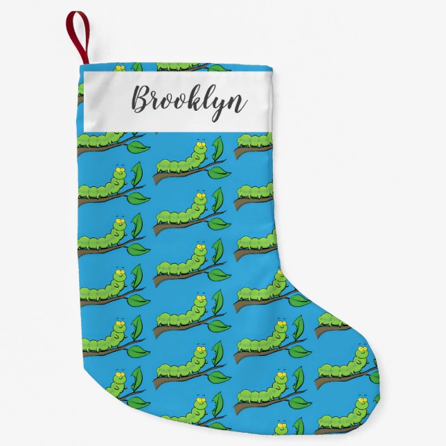 Happy niedlich Green Raupe Cartoon Illustration Kleiner Weihnachtsstrumpf (Vorderseite)