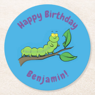 Happy niedlich Green Raupe Cartoon Illustration Runder Pappuntersetzer