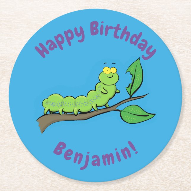 Happy niedlich Green Raupe Cartoon Illustration Runder Pappuntersetzer (Vorderseite)