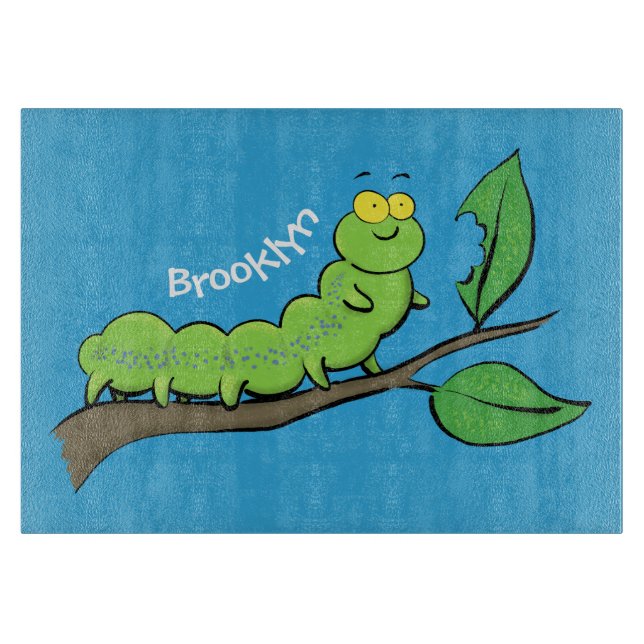 Happy niedlich Green Raupe Cartoon Illustration Schneidebrett (Vorderseite)