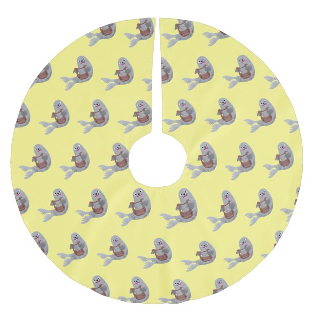 Happy niedlich Harp Siegel Cartoon Illustration Polyester Weihnachtsbaumdecke (Vorderseite)
