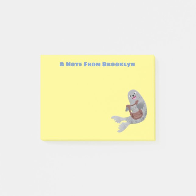 Happy niedlich Harp Siegel Cartoon Illustration Post-it Klebezettel (Vorderseite)