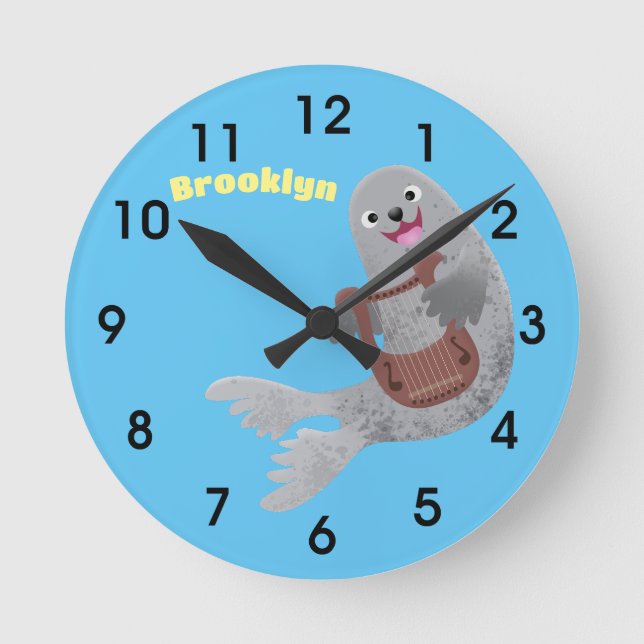 Happy niedlich Harp Siegel Cartoon Illustration Runde Wanduhr (Vorderseite)