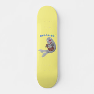 Happy niedlich Harp Siegel Cartoon Illustration Skateboard