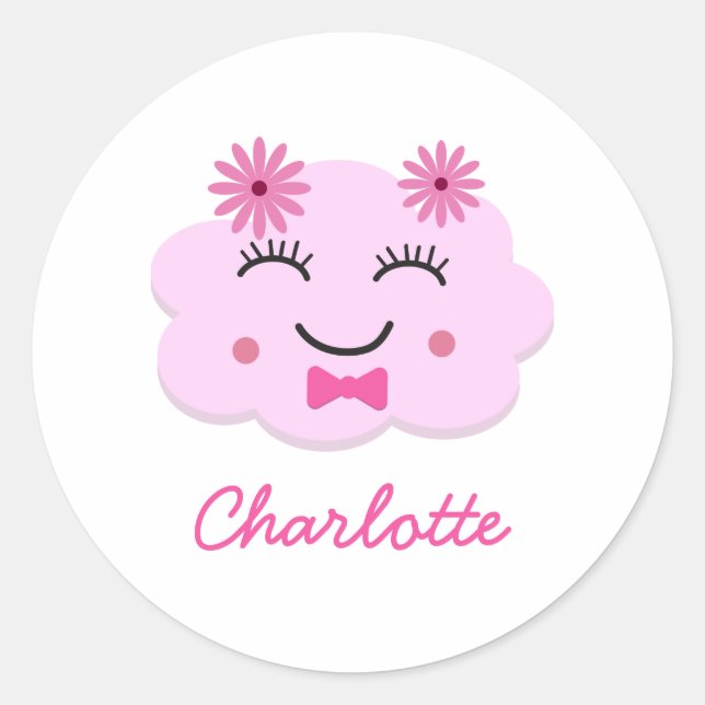 Happy niedlich rosa Kawaii Cloud individuelle Name Runder Aufkleber (Vorderseite)