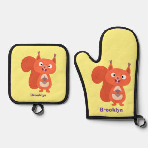 Happy niedliche Red Eichhörnchen Cartoon Illustrat Ofenhandschuh & Topflappen-Set