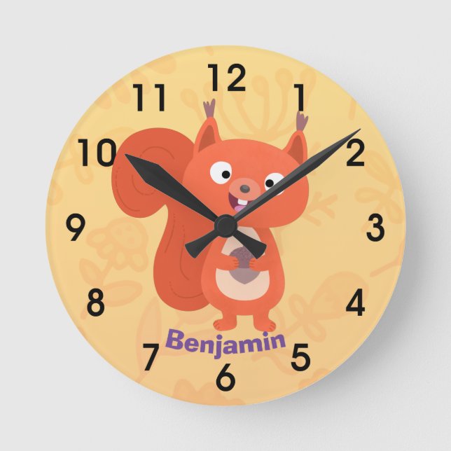 Happy niedliche Red Eichhörnchen Cartoon Illustrat Runde Wanduhr (Vorderseite)