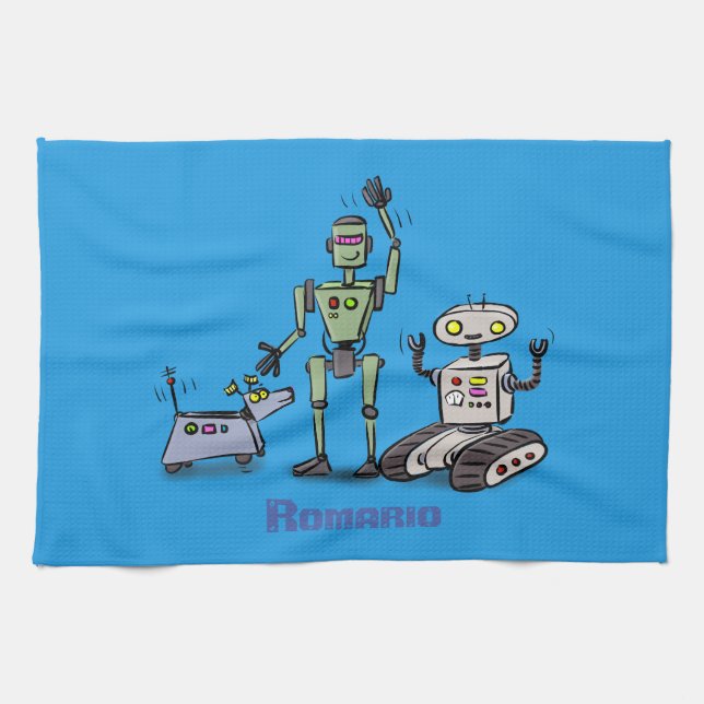 Happy niedliche Roboter Trio-Cartoon auf blauem Hi Geschirrtuch (Horizontal)