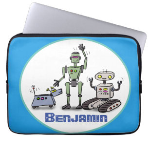 Happy niedliche Roboter Trio-Cartoon auf blauem Hi Laptopschutzhülle