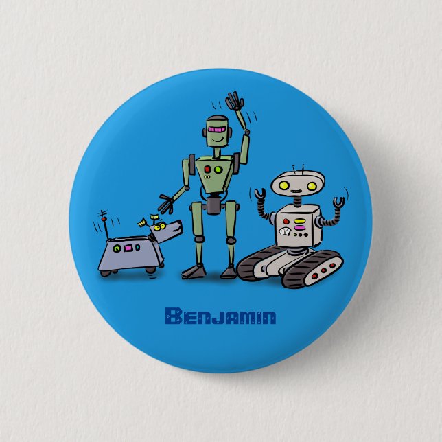 Happy niedliche Roboter Trio-Cartoon Button (Vorderseite)