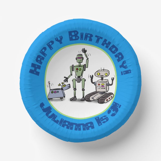 Happy niedliche Roboter Trio-Cartoon Pappteller (Vorderseite)