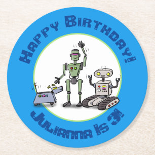 Happy niedliche Roboter Trio-Cartoon Runder Pappuntersetzer