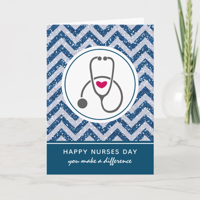 Happy Nurses Day Gray Stethoscope auf Blue Zickzac Karte (Vorderseite)
