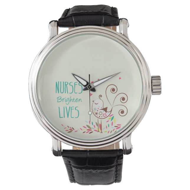 Happy Nurses Day, Niedlicher Vogel auf Streifen Armbanduhr (Vorderseite)