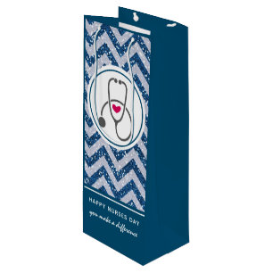 Happy Nurses Day Stethoscope auf Blue Zickzack Geschenktüte Für Weinflaschen