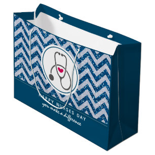 Happy Nurses Day Stethoscope auf Blue Zickzack Große Geschenktüte