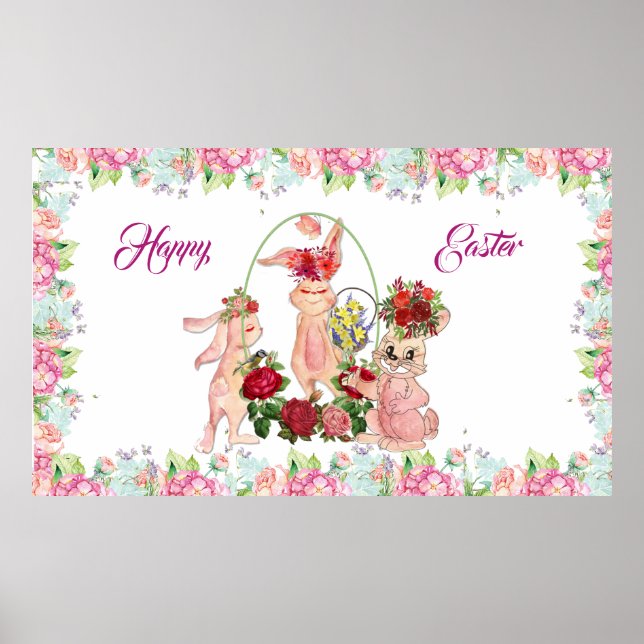 Happy Oaster 3 Bunny Watercolor Pink Blauer Blauer Poster (Vorne)