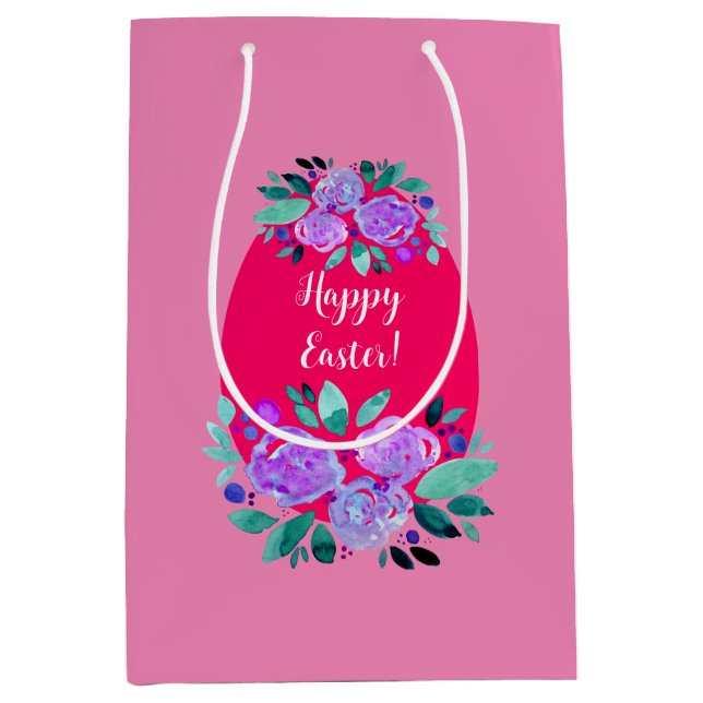 Happy Oaster Aquarell Blumenrosa Ei Mittlere Geschenktüte (Vorderseite)