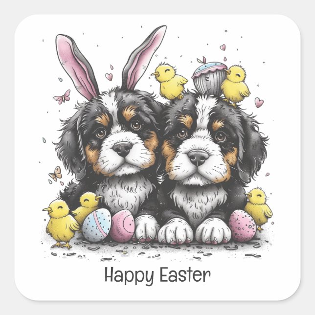 Happy Oaster Bernese Mountain Hunde Quadratischer Aufkleber (Vorderseite)