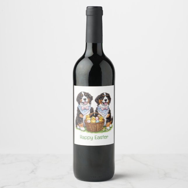Happy Oaster Bernese Mountain Hunde Weinetikett (Vorderseite)