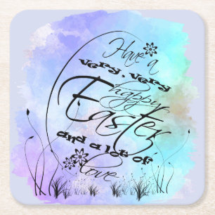 Happy Oaster Blue Lila Calligraphy Illustration Rechteckiger Pappuntersetzer