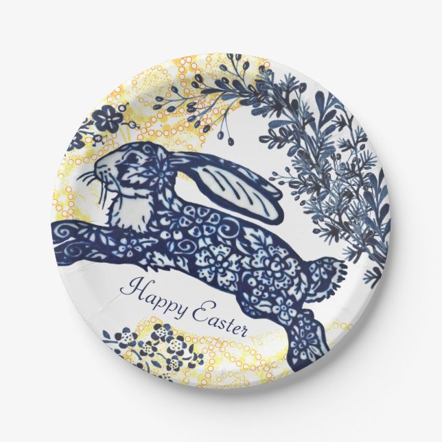 Happy Oaster Blue White Yellow Rabbit Chinoiserie Pappteller (Vorderseite)