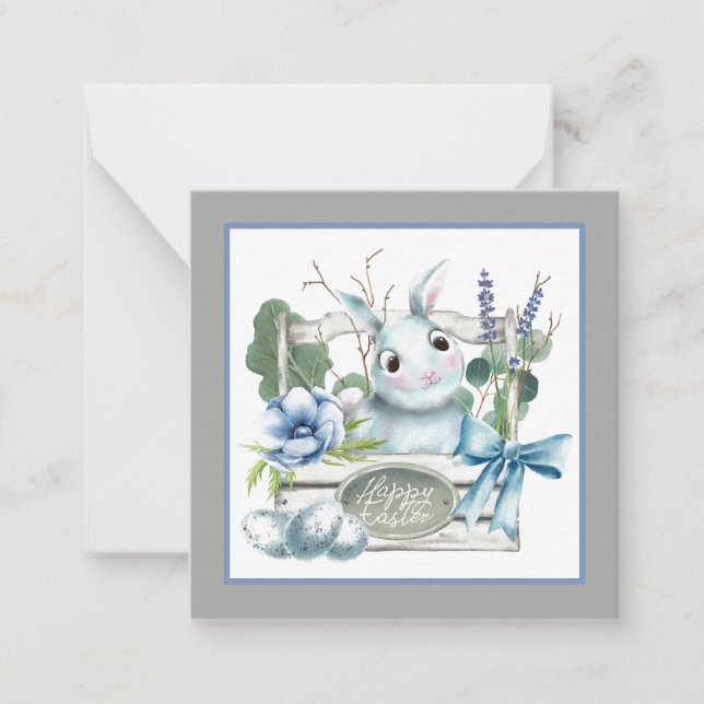 Happy Oaster Blume Box Blue Bunny Rabbit Mitteilungskarte (Vorderseite)