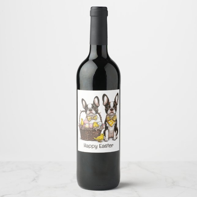 Happy Oaster Boston Terrier Dogs Weinetikett (Vorderseite)
