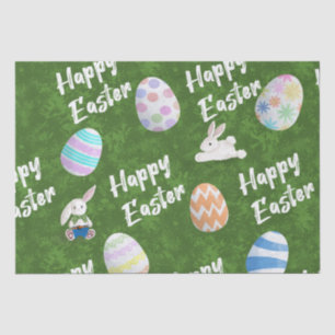 Happy Oaster Bunnies und gemalte Eier auf Gras Seidenpapier