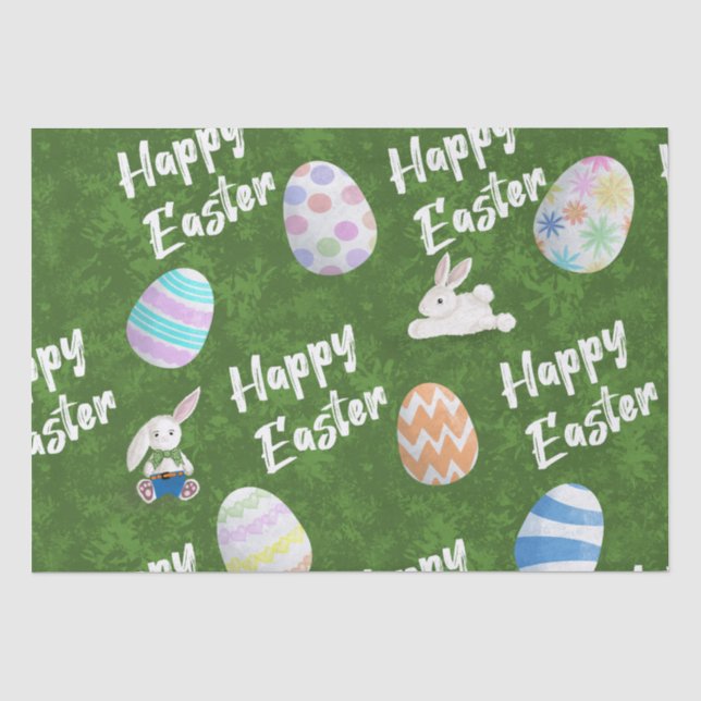 Happy Oaster Bunnies und gemalte Eier auf Gras Seidenpapier (Vorderseite)