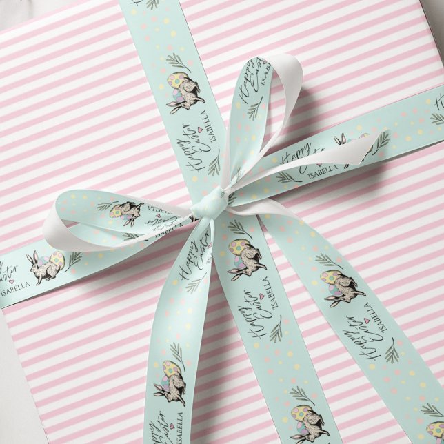 Happy Oaster Bunny and Egg Muster Ripsband (Cute Mint Happy Easter Ribbon. Hand Drawn Easter Bunny, Easter Eggs, Spring Leaves, Polka Dots.)