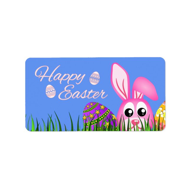Happy Oaster Bunny and Eggs in Gras Medium Labels Adressaufkleber (Vorne)