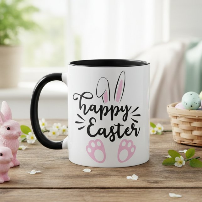 Happy Oaster Bunny Black and Pink Oaster Tasse (Happy Easter Bunny Black and Pink Easter Mug)