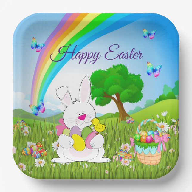 Happy Oaster Bunny Cfarbred Eggs Niedlich Pappteller (Vorderseite)