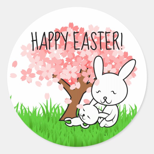 Happy Oaster Bunny Cherry Blossom Tree Runder Aufkleber (Vorderseite)