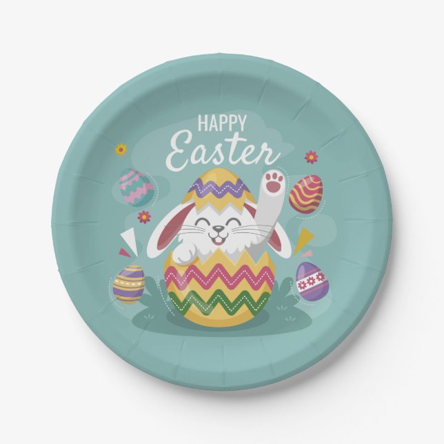 Happy Oaster Bunny & Colorful Eggs Pappteller (Vorderseite)