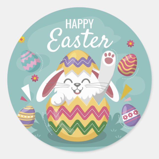 Happy Oaster Bunny & Colorful Eggs Runder Aufkleber (Vorderseite)