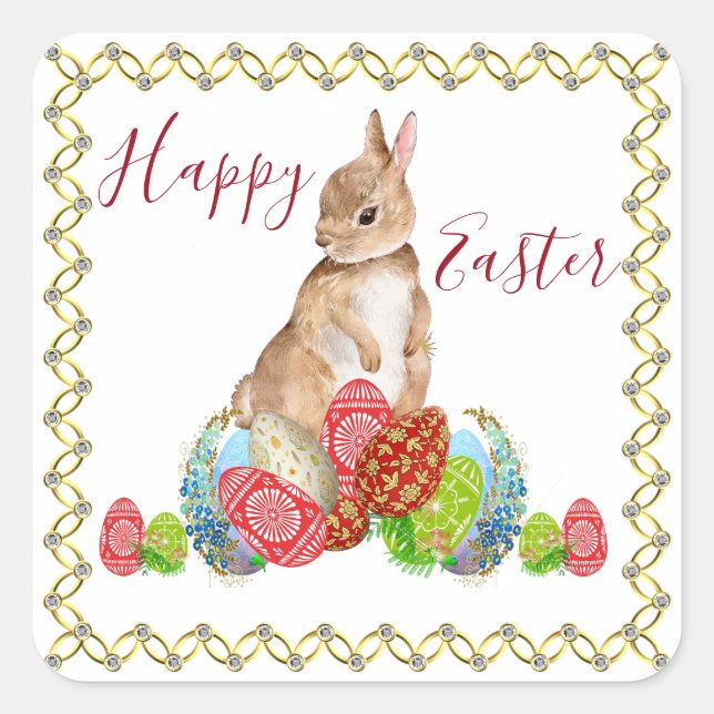 Happy Oaster Bunny Decorative Eggs Floral Elegante Quadratischer Aufkleber (Vorderseite)