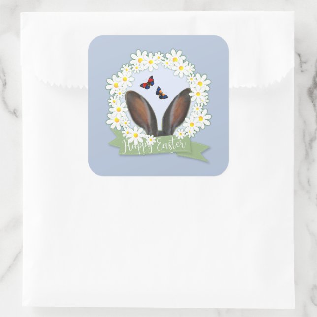 Happy Oaster Bunny Ears Daisies Wreath Quadratischer Aufkleber (Tasche)