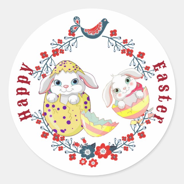 Happy Oaster Bunny Egg Floral Wreath Bird Runder Aufkleber (Vorderseite)