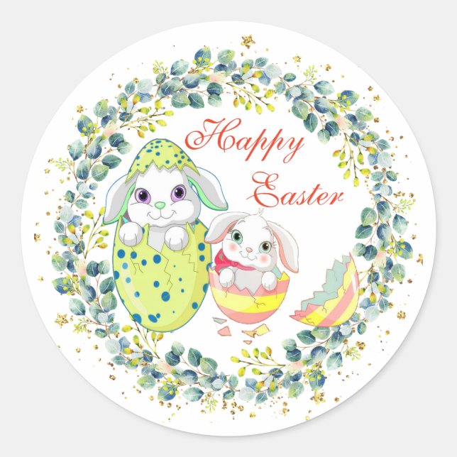 Happy Oaster Bunny Egg Green Kranz Foliage Runder Aufkleber (Vorderseite)