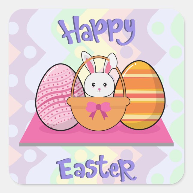 Happy Oaster Bunny Eggs Basket Niedlich Ostern Quadratischer Aufkleber (Vorderseite)