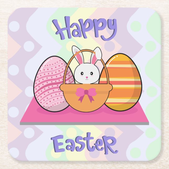 Happy Oaster Bunny Eggs Basket Niedlich Ostern Rechteckiger Pappuntersetzer (Vorderseite)