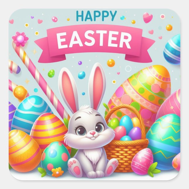 Happy Oaster - Bunny Eggs in Pastellfarben Quadratischer Aufkleber (Vorderseite)