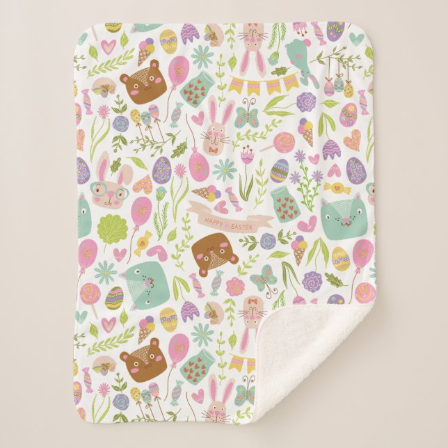 Happy Oaster Bunny Floral Pattern Sherpadecke (Vorderseite)
