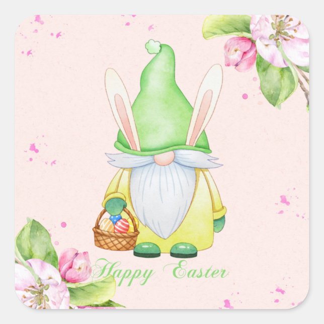 Happy Oaster Bunny Gnome Quadratischer Aufkleber (Vorderseite)
