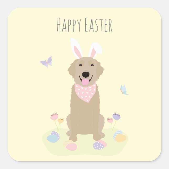 Happy Oaster Bunny Golden Retriever Quadratischer Aufkleber (Vorderseite)