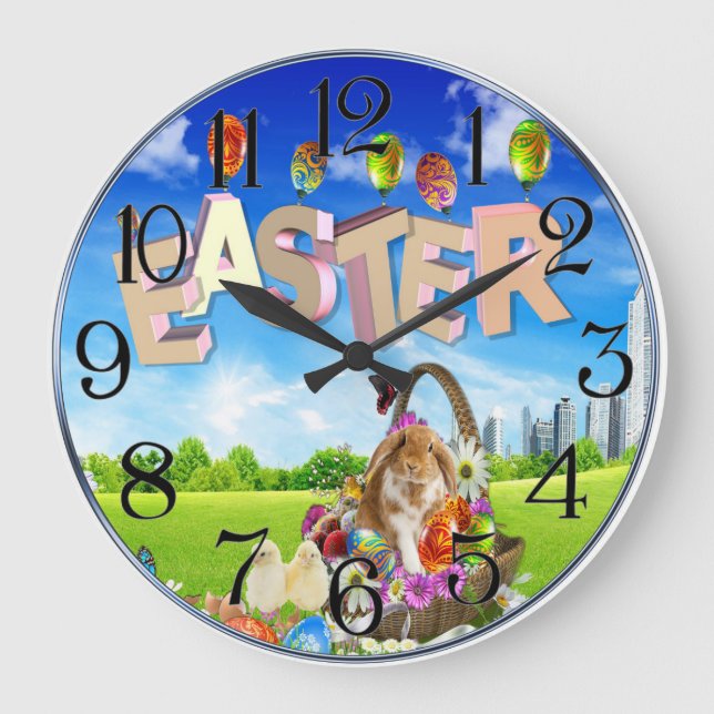 Happy Oaster Bunny Große Wanduhr (Vorderseite)